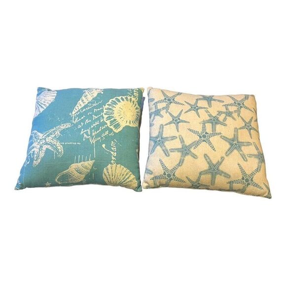Nautical Throw Pillow Set of 2 Decorative 12" Seashell Starfish Beach House - Picture 1 of 6
